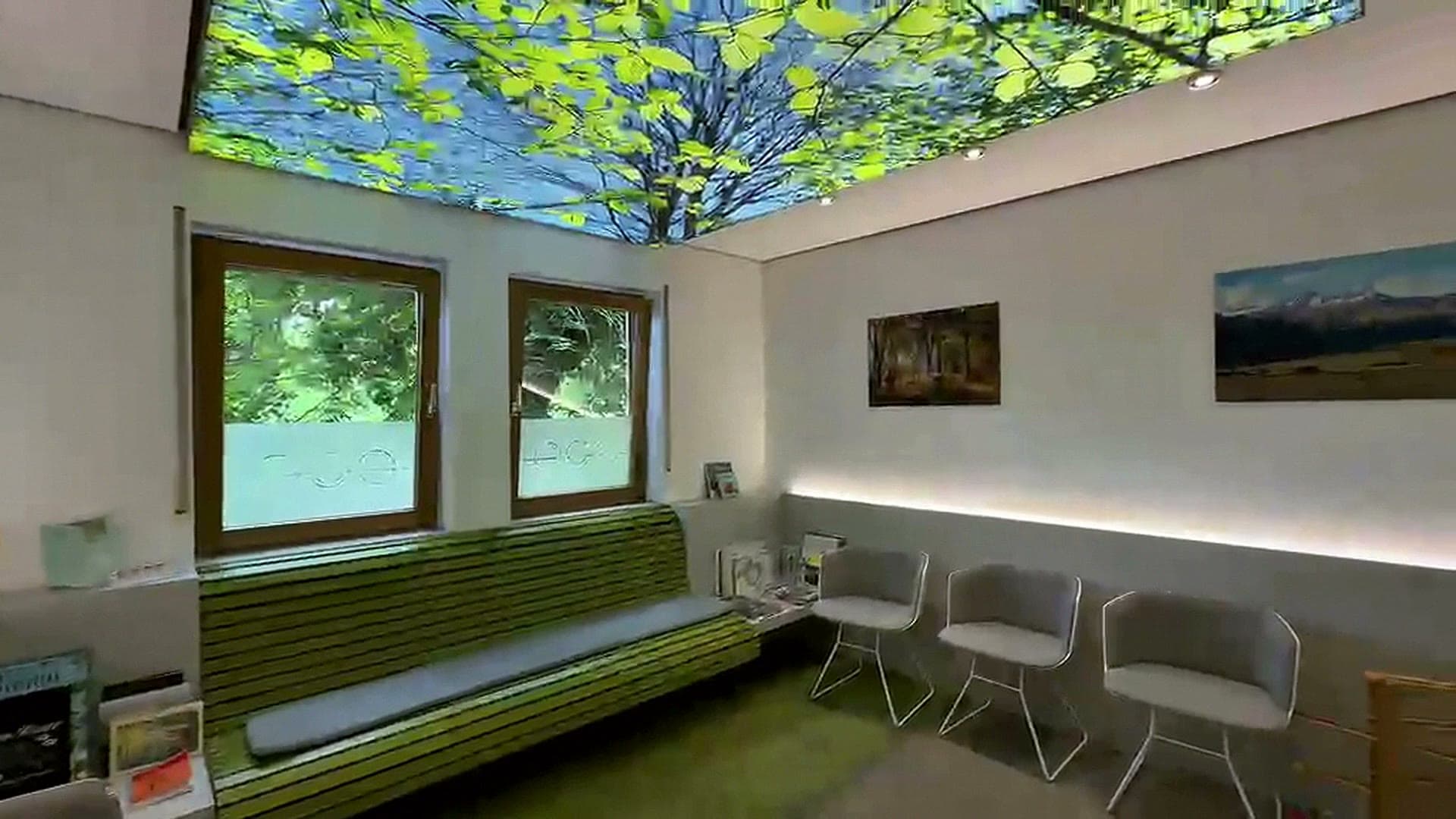 Wartezimmer der Zahnarztpraxis in Reichelsheim mit Waldmotiv an der Decke